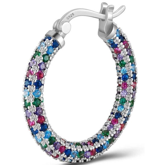 14K White Gold Sterling Silver with Multicolored Cubic Zirconia Hoop Earrings - Picture 3 of 6